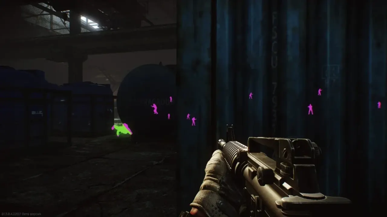 ESP in industrial raids Escape From Tarkov warehouse raid with pink and green ESP silhouettes of players through blue shipping containers