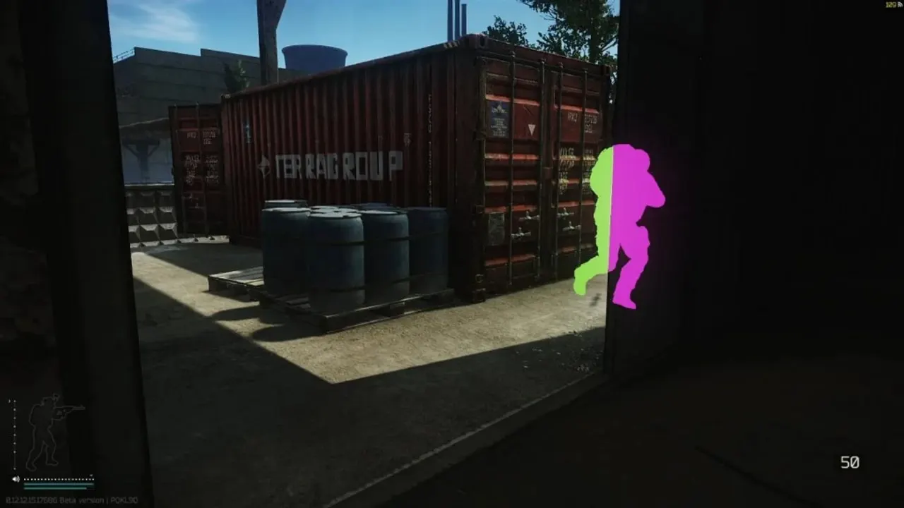 ESP chams outdoors Escape From Tarkov ESP chams at TerraGroup containers with green and magenta players visible through a corner