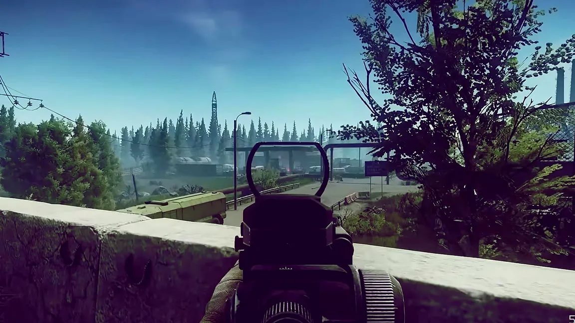 Escape From Tarkov first-person raid with pink ESP wallhack silhouette visible through an outdoor concrete wall