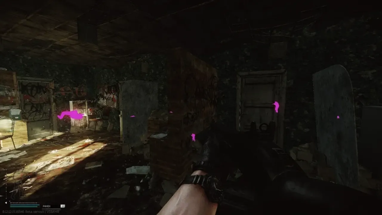 Wallhack through cover Escape From Tarkov wallhack gameplay in a dark building with pink enemy ESP silhouettes through walls and doors